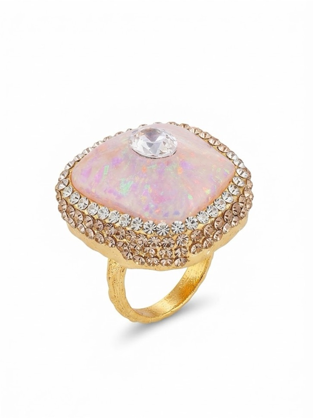 Opulent Pink Opal & Crystal Statement Ring – Gold-Plated Pave Accents